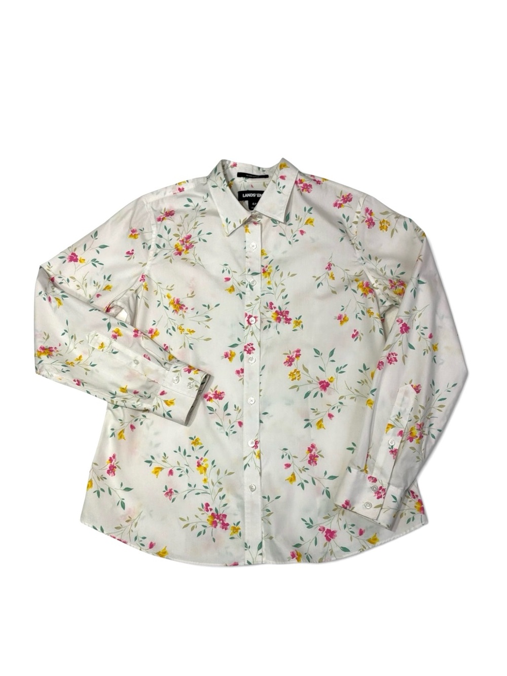 Lands' End Floral Button-Up Blouse in Cream with Pink & Yellow Flowers